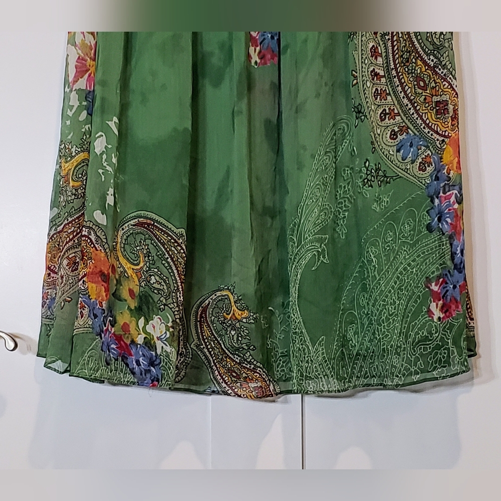 Soft Surroundings Maxi Skirt Pleated Green Floral Paisley Satiny Lined Size PXS - Picture 3 of 10